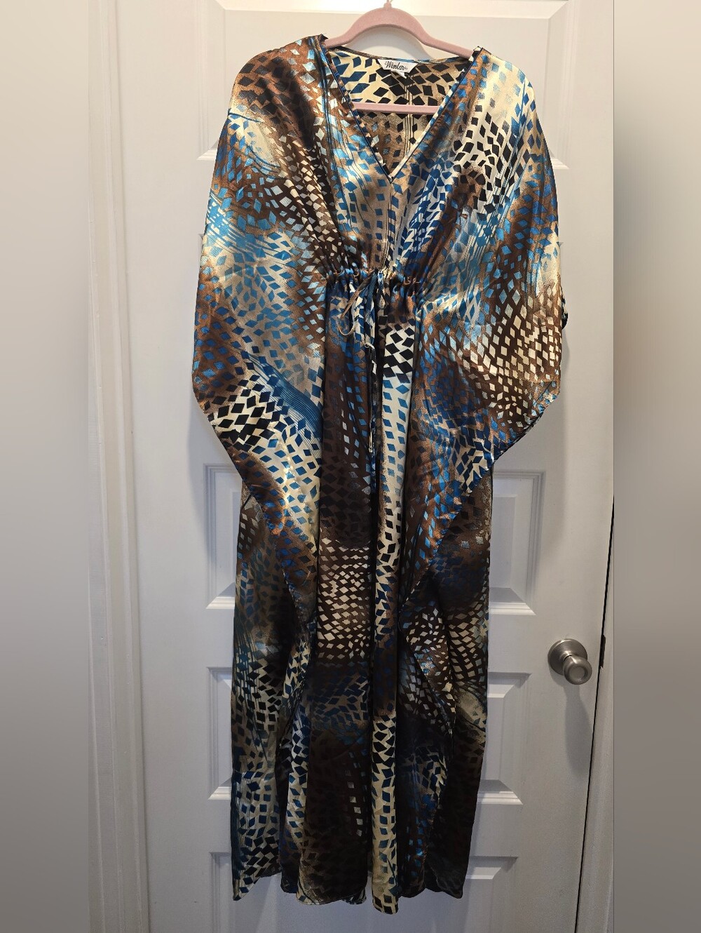 Silky Abstract Print Caftan Dress - Blue & Brown